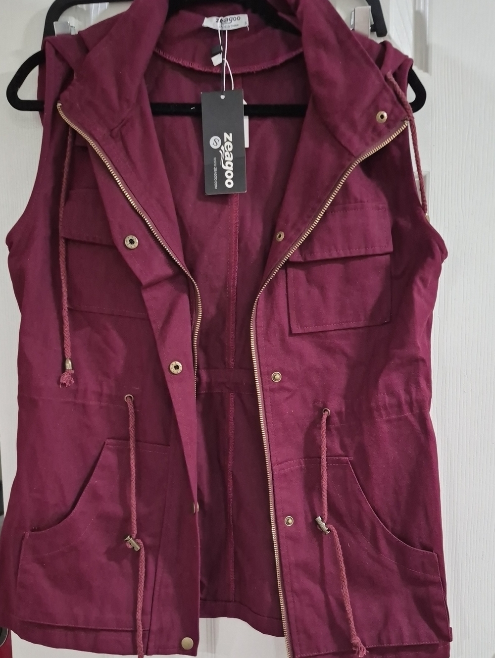 zeagoo Burgundy Sleeveless Hooded Utility Vest